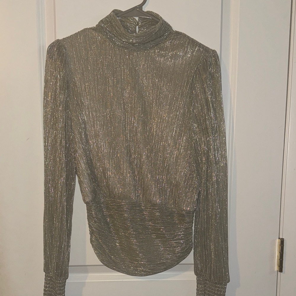 NWT‎ Bailey 44 Gold Metallic chic mock neck women’s Blouse small sheer sleeve